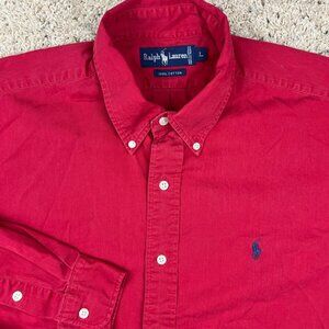 VTG Ralph Lauren Button Up Shirt Long Sleeve Solid Red Size Large Cotton w Logo